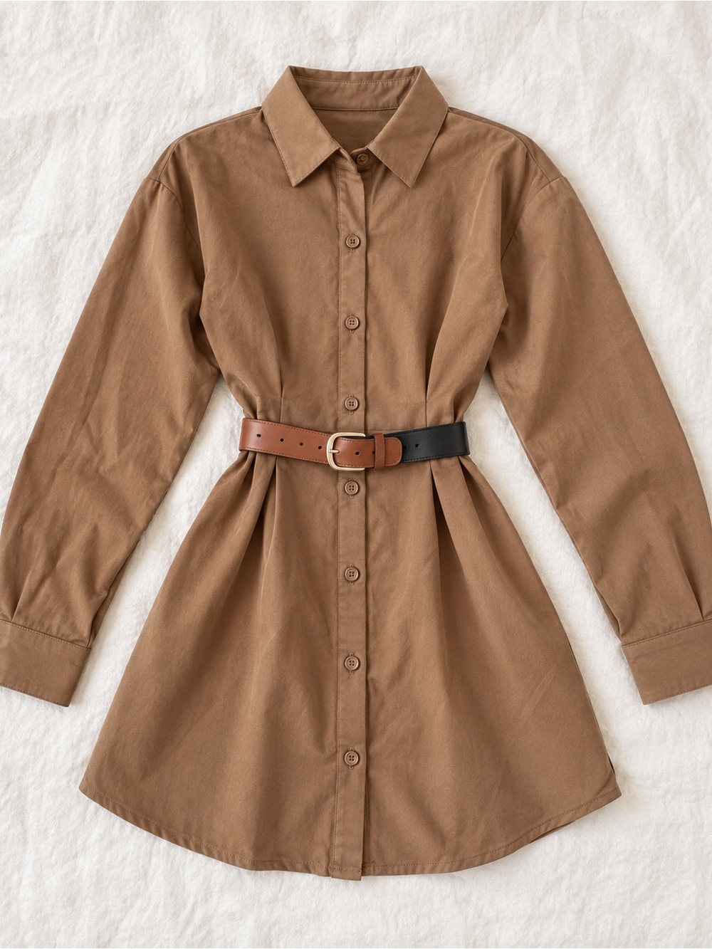 PrettyLittleThing Brown Long Sleeve Shirt Dress with Two-Tone Belt